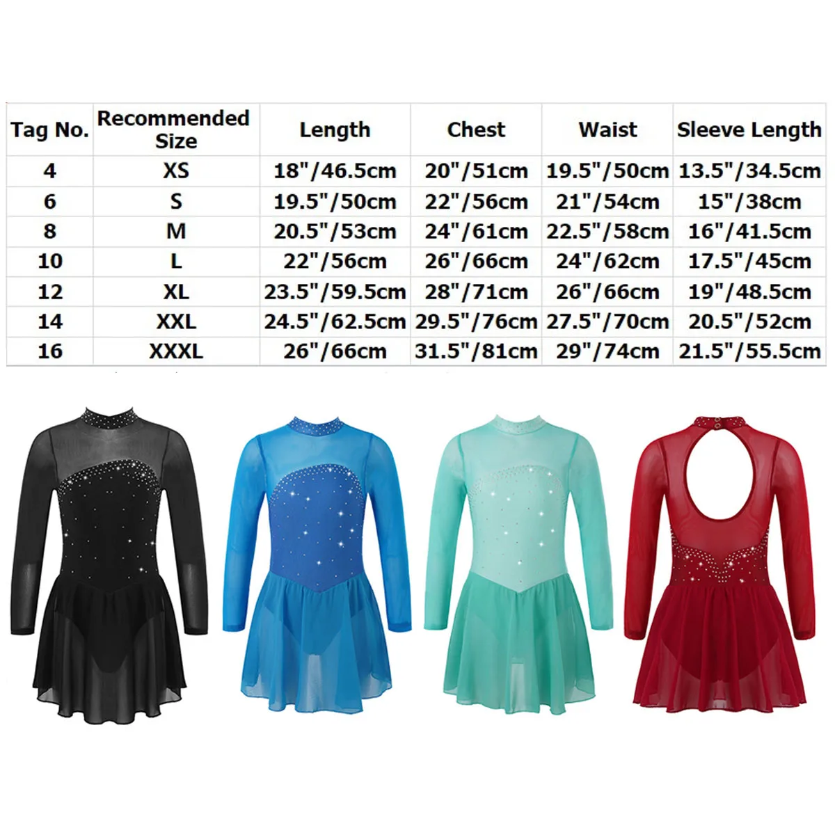 Child Girls Rhinestone Long Sleeves Tulle Splice Figure Ice Skating Dress Gymnastic Ballet Leotard Dress Ballroom Dance Clothing