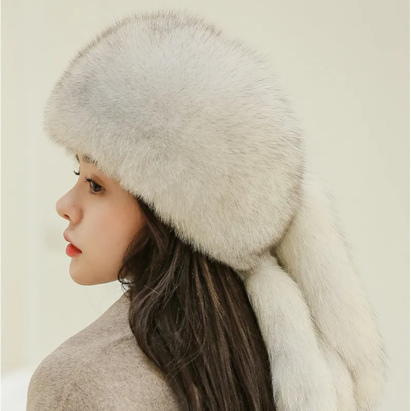 Winter Fox Fur Hats Winter Thick Warm Ears Protection Fashion Bomber Hat Natural Fox Fur Warm Hat Outdoor Windproof Snow Caps