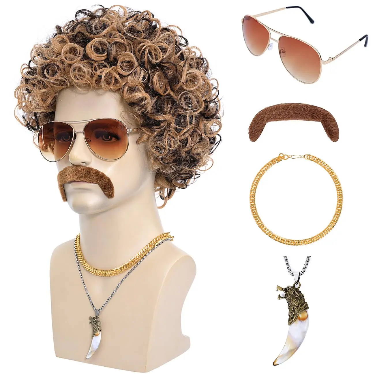 Synthetic 6pcs 70s 80s Disco wig Artificial Wolf Necklace Golden Chain Curly Hair Afro Mens 60s Costume Cosplay Halloween Party