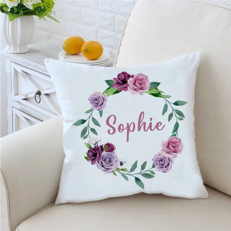 Personalised Pillow Case Custom Wreath with Name Cushion Cover Decor Home Pillowcase Housewarming Birthday Holiday Gift for Her