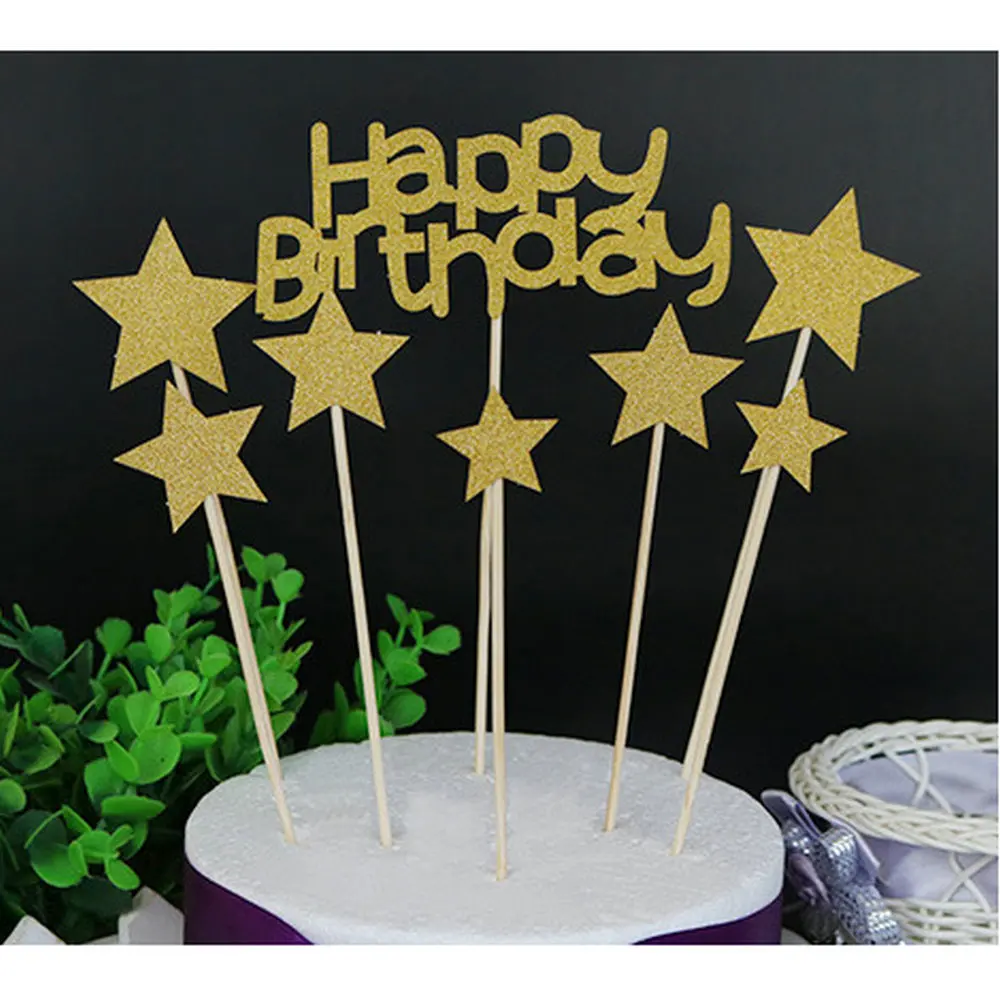 1set Gold Happy Birthday And 7pcs Star Cake Flags Cake Topper For Kids Family Birthday Party Baking Decoration Supplies