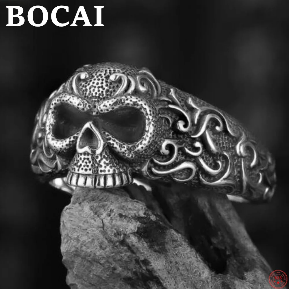 

BOCAI S925 Sterling Silver Charms Rings for Women Men New Fashion Eternal Vine Skull Adjustable Punk Jewelry Wholesale