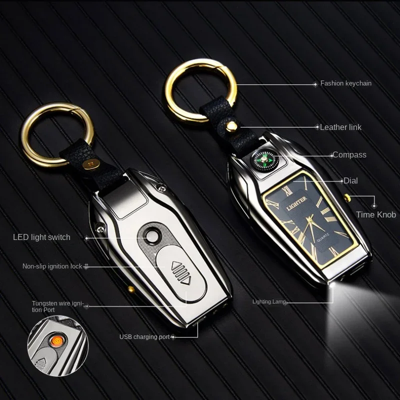 2024 Compass Keychain Watch Arc Lighter Multifunctional Personalized USB Charging Cigarette Lighter Men\'s Birthday Gift