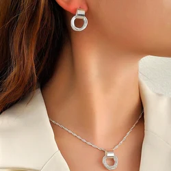 2 PCS Set Multiple Small Circle Pendant Earring Set Gold Plating Link Chain Wedding Party Jewelry Set Silver Color Stud Earring