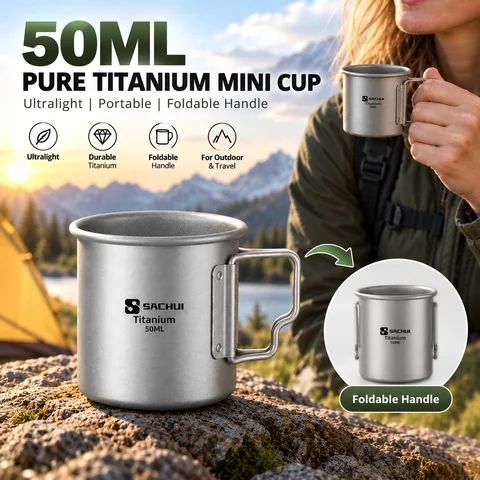 50ml Pure Titanium Mini Cup Portable Ultralight Tea Coffee Cup Foldable Handle Camping Beer Cups Water Mug Travel Tableware