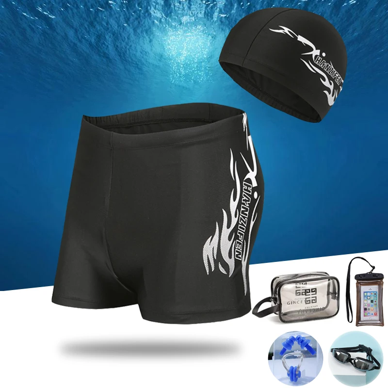 6 Pcs/Set Men Quick Dry Swimming Shorts Teenagers Swimming Goggles Cap Earplug Elastic Swimsuit Swimwear Waterproof Phone Bag