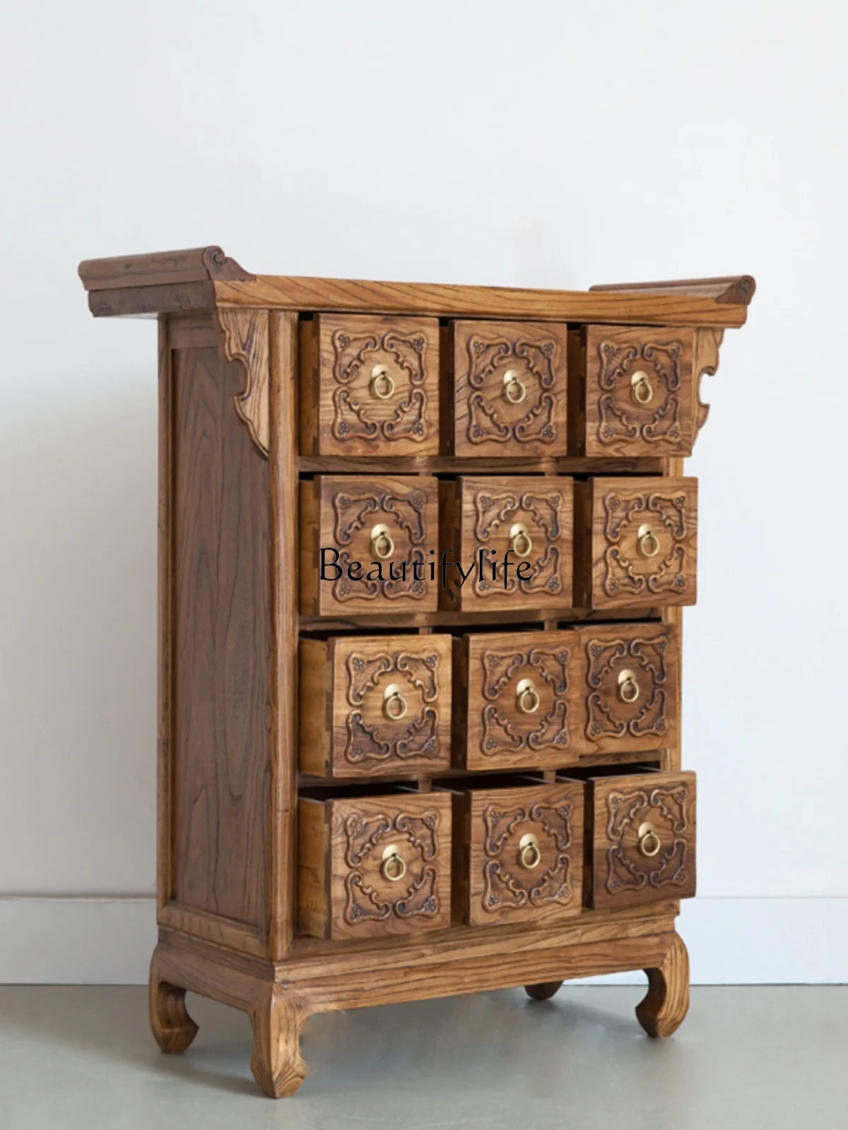 Old Elm Twelve Bucket Medicine Cabinet Solid Wood Antique Imitation Chinese Style Chest of Drawer