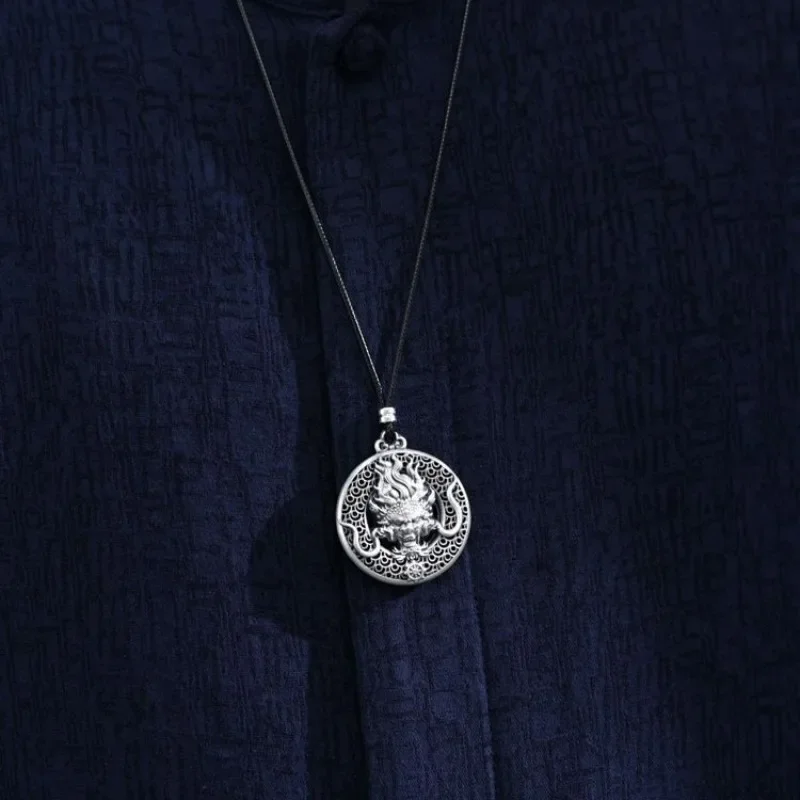 Retro ethnic style high-end hollow out necklace silver 925 stereoscopic domineering dragon pendant for men and women jewelry