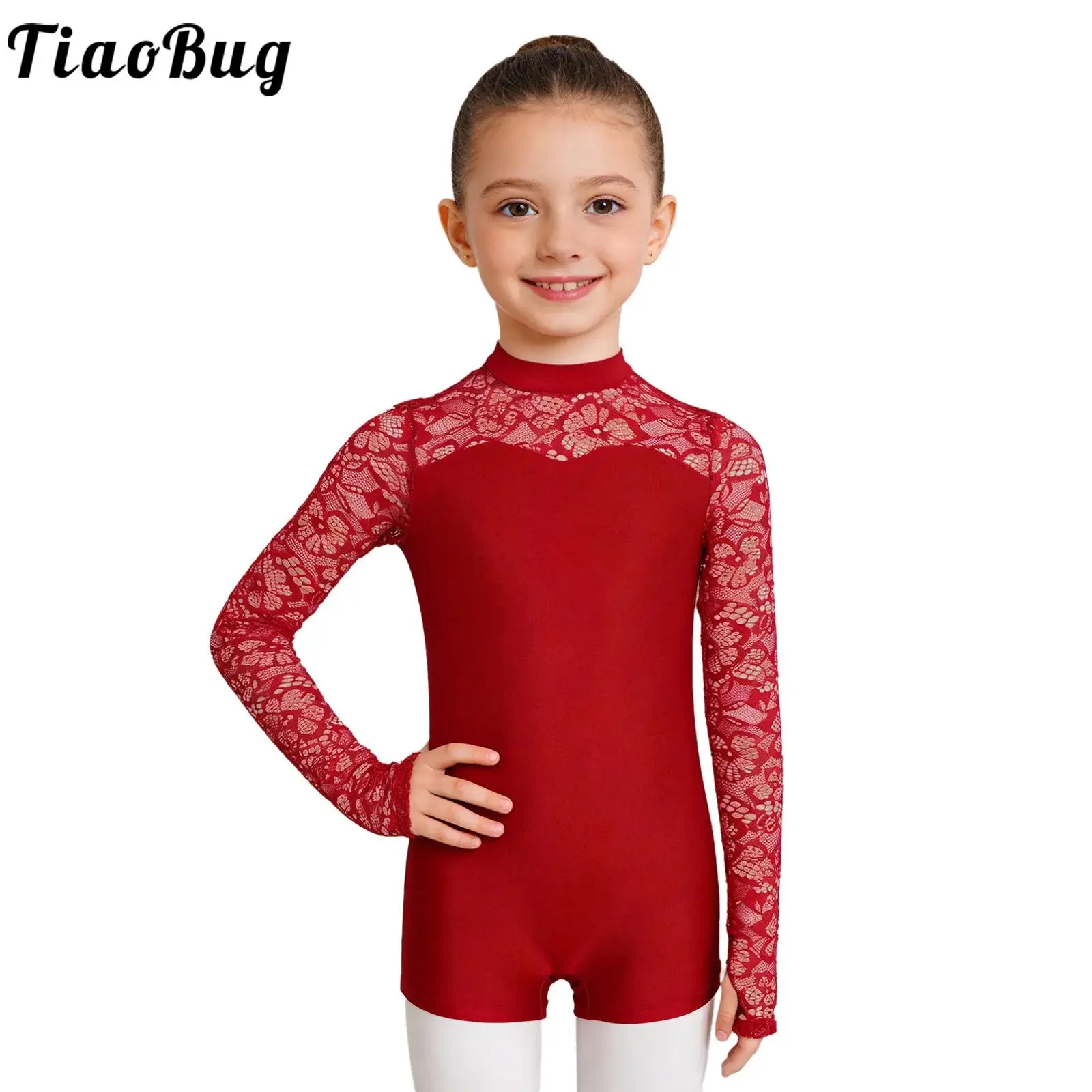 

Kids Girls Figure Skating Jazz Dance Jumpsuit Sheer Lace Long Sleeves Patchwork Gymnastics Bodysuits for Performance Competition