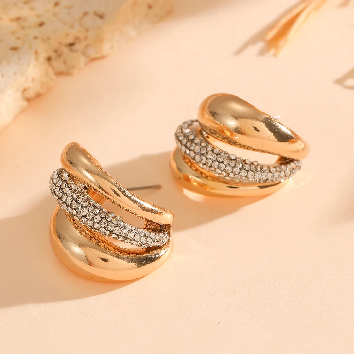 ZA2026 simple new full diamond geometric hollow earrings niche design left and right symmetrical earrings supply