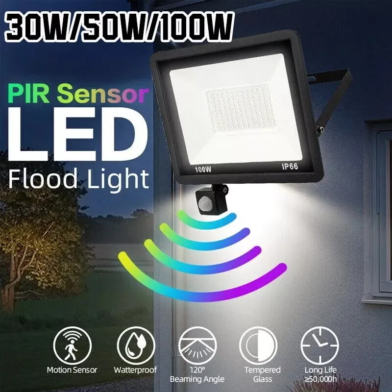 10W 20W 30W 50W 100W LED Floodlight Motion Sensor Security Garden Light Outdoor PIR Flood Light RGB Floodlight Changing Color