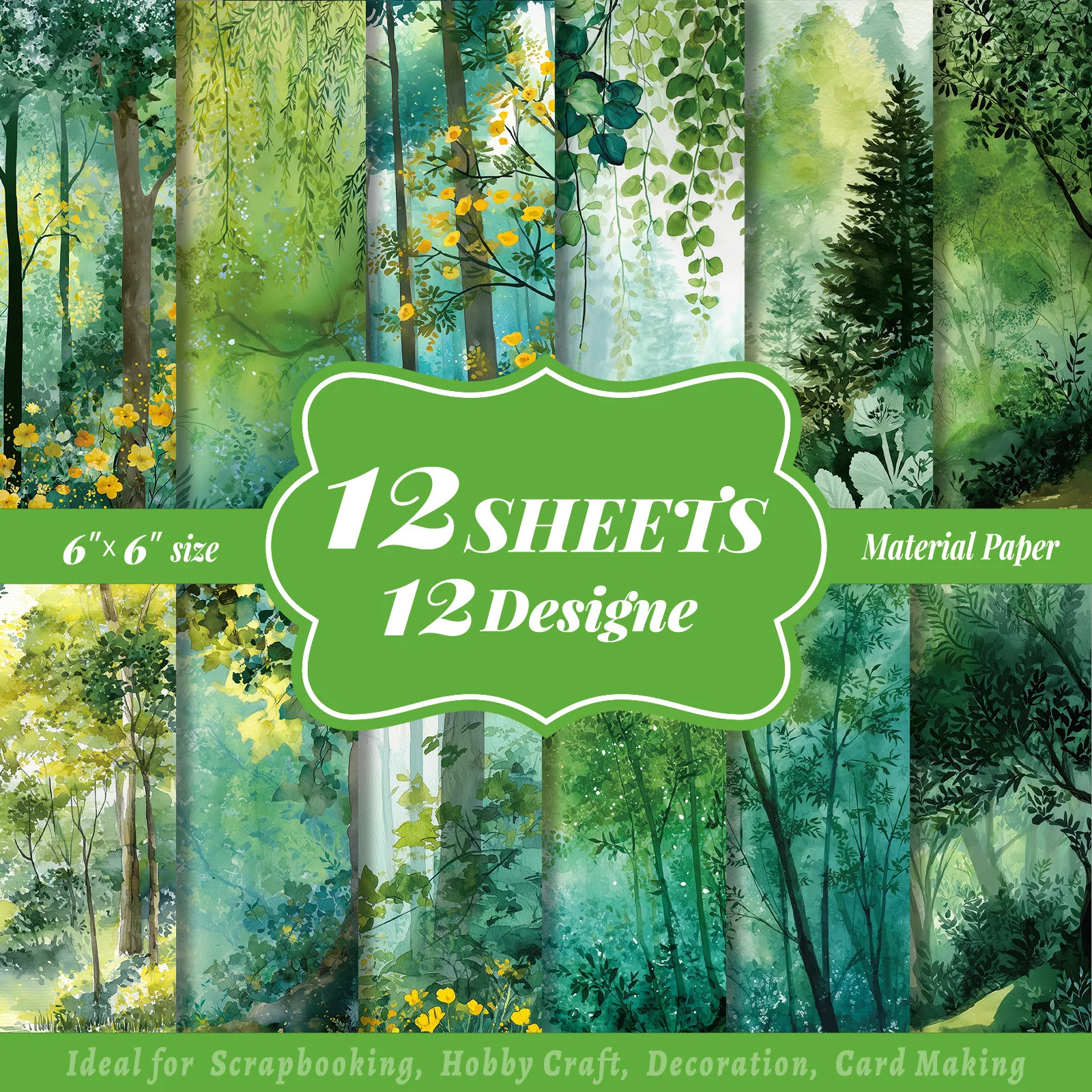 12 Sheets 15*15cm of Forest Oil Painting Material Color Paper Creative Simple Handbook Base Paper Material Colorful Paper Sheets