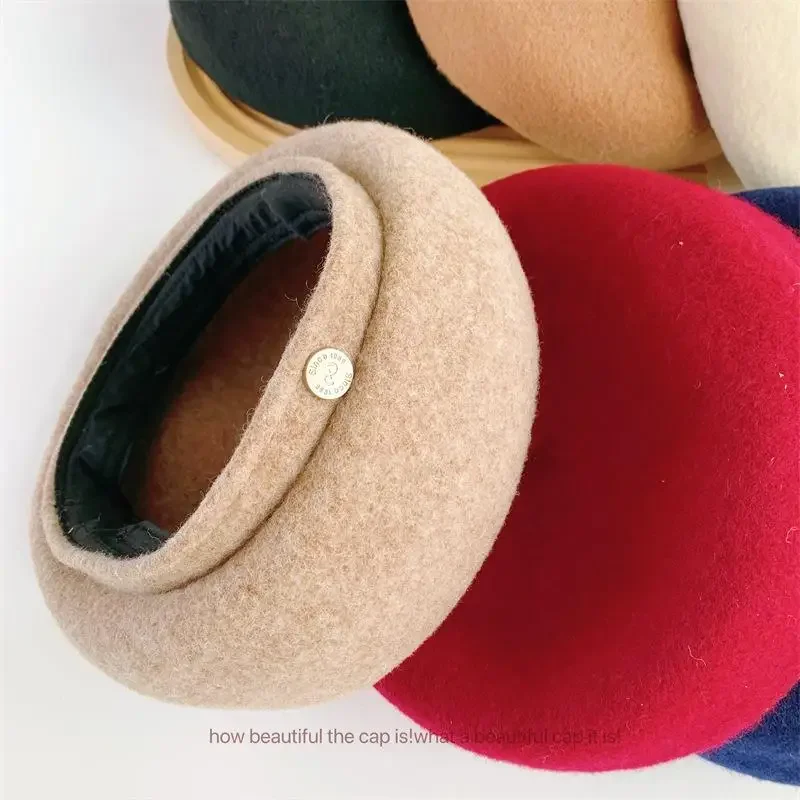 Gorro de fieltro de lana Retro de arte francés para mujer, gorro cálido de invierno de colores sólidos para otoño, boina para mujer