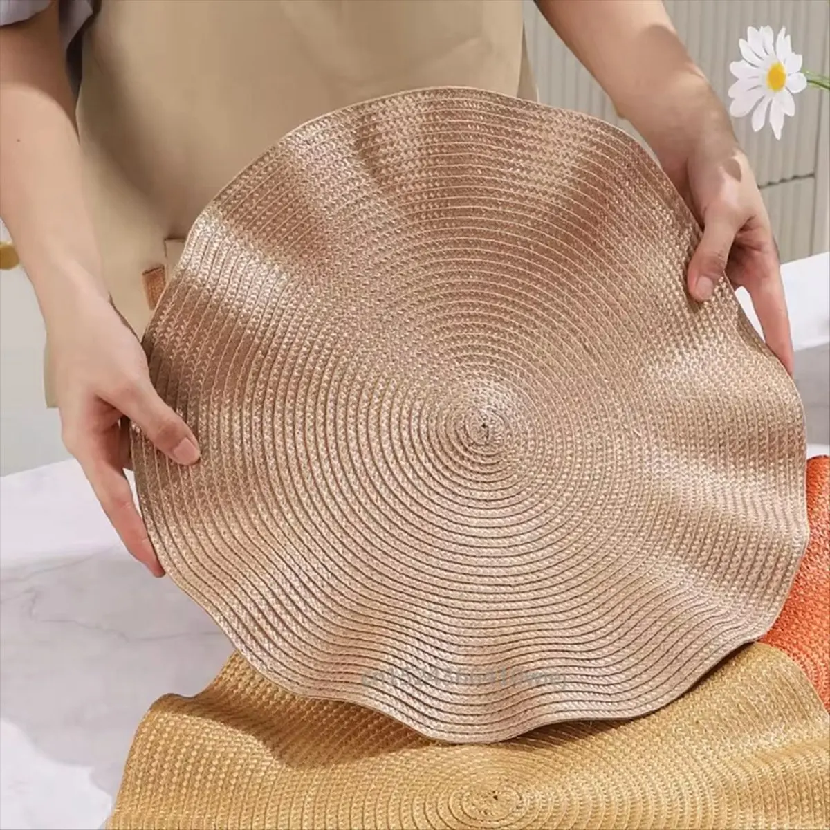 A79I Tappetino da pranzo occidentale con bordo auricolare in legno, resistente all'olio, impermeabile, sporco e isolante termico, colore champagne