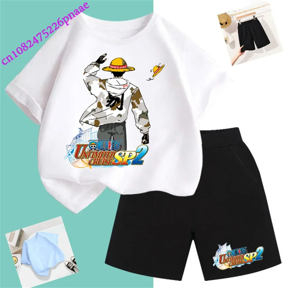 One Piece Pirate King Fashion Summer 2024 Cheap Girl Short T Shirt Kid Clothes Shorts Child Set Fashion Kawaii O-neck T-shirt