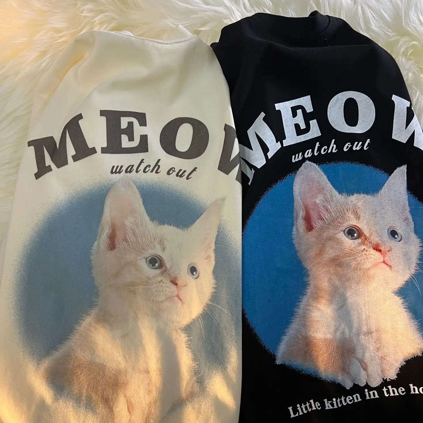 Women Clothing Cute Cat Animal Pattern Short Sleeved T-shirt Men and Women Loose National Niche Couple Half Sleeved Harajuku