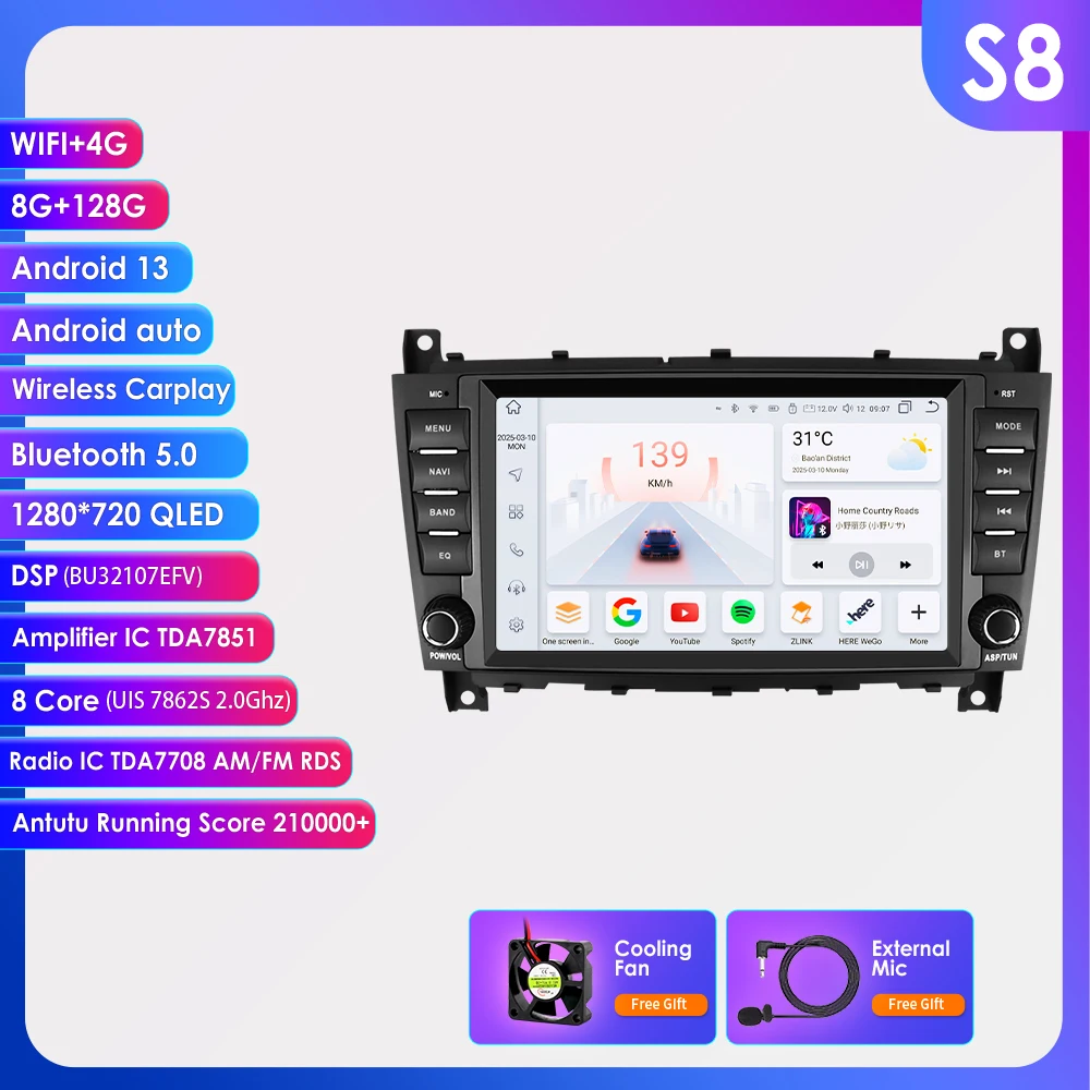Hizpo 8-Zoll-Android-All-in-One-Autoradio für Mercedes Benz C-Klasse W203/CLC W203 CLK W209 Multimedia Autoradio Stereo Carplay