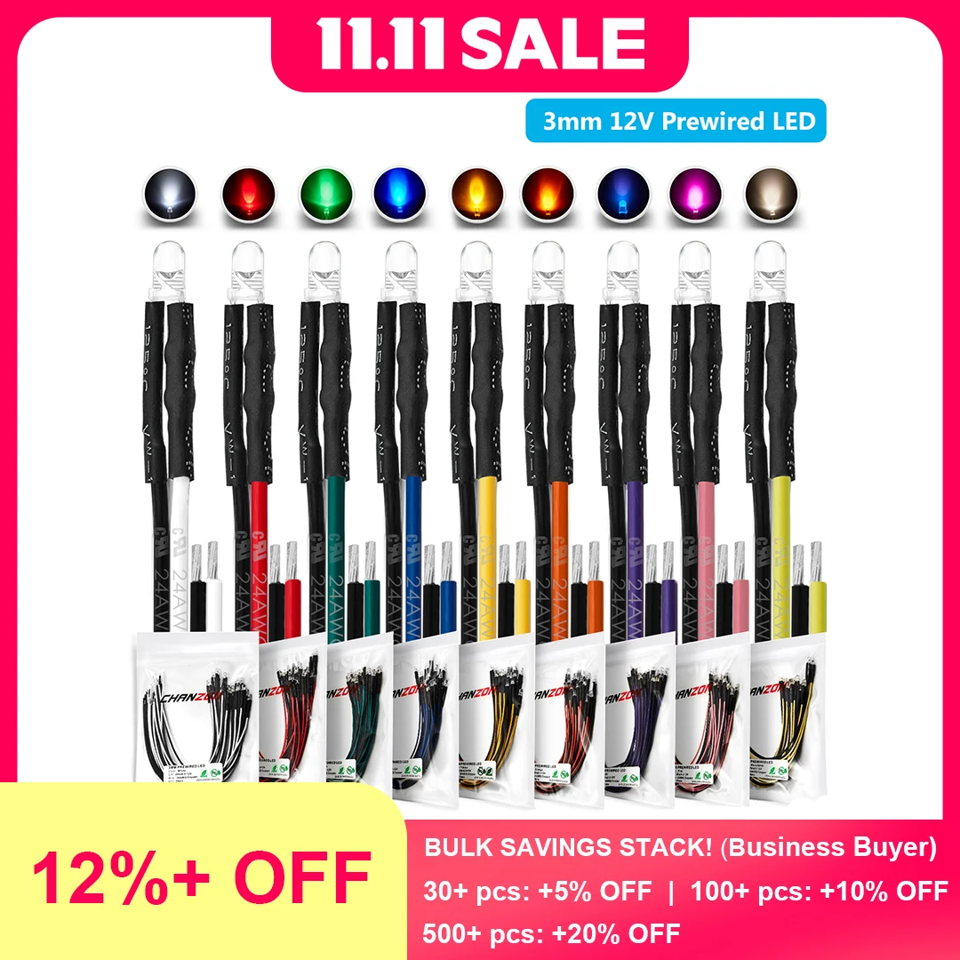 

20pcs 3mm Prewired LED Light Emitting Diode DC 12V Warm White Red Green Blue Yellow Orange UV Pink Pre Wired Cable Lamp Bulb