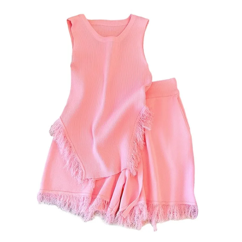 

French Style Sweet and Spicy Top Set, Women's Pink Tassel Knitted Small Camisole Vest+high Waisted Wide Leg Casual Shorts