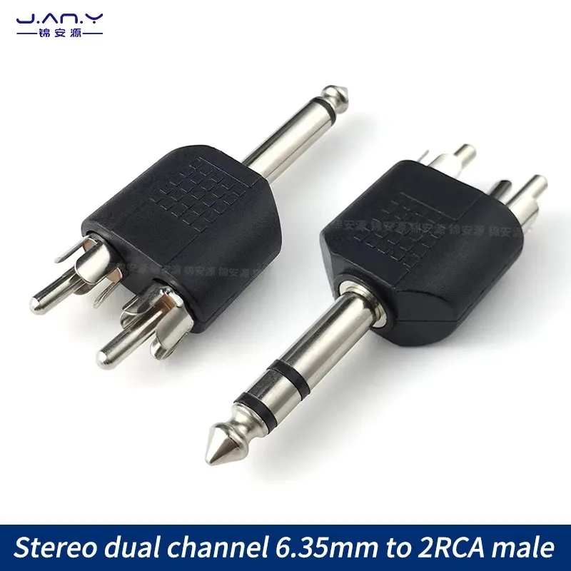 

Stereo dual channel 6.35mm to 2RCA male AV audio and video lotus connection plug 6.5 large three core one in two