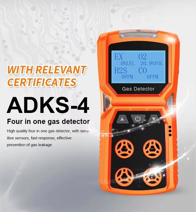 ADKS-4 4-in-1 Portable Gas Detector, Tests Oxygen, Carbon Monoxide, Hydrogen Sulfide & Combustible Toxic Harmful Gases