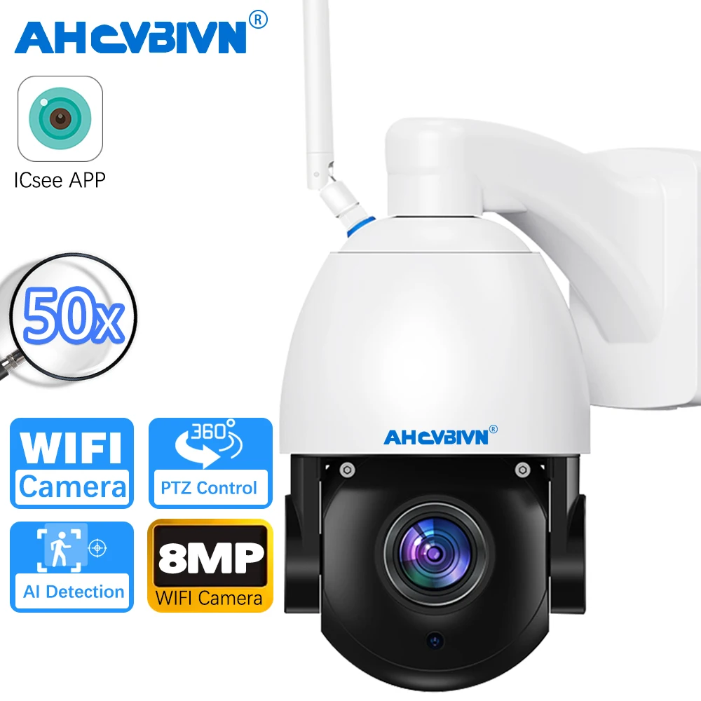 

4K 8MP 50X Zoom PTZ IP Camera WiFi CCTV Outdoor AI Human Alarm Onvif Speed Dome Cam 200M IR Night Distance Camera iCSee APP