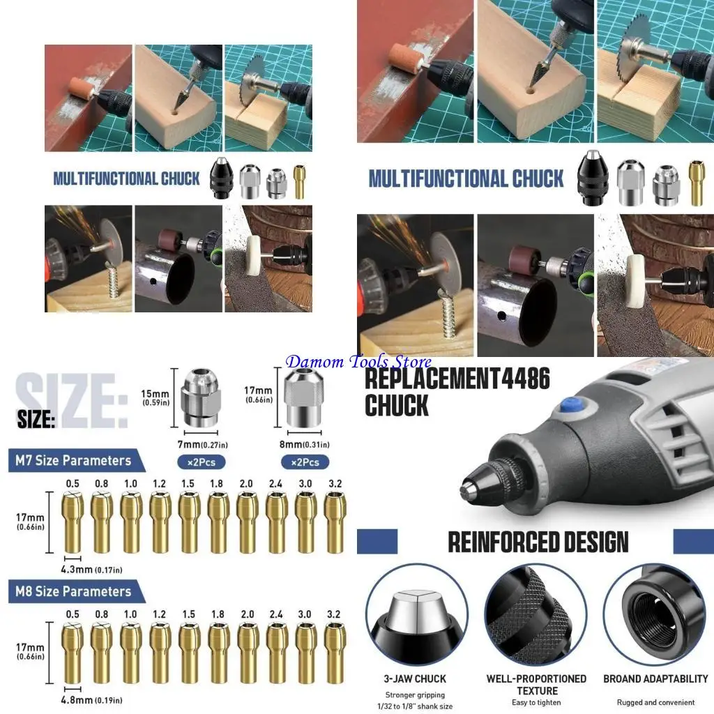 57Be 15pcs 1/32 "a 1/8" 4486 Drill Keyless Bitless Gask Shank Drill Chuck Collet Set per l'adattatore a cambio rapido rotante