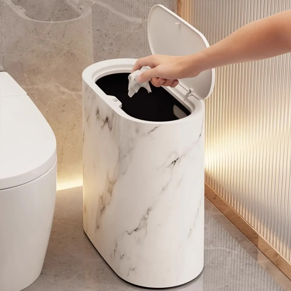 Modern with Lids Bathroom Trashcans Press Type Marble Texture Garbage Bin Narrow Toilet Trash Bin for Home Indoor Hotel