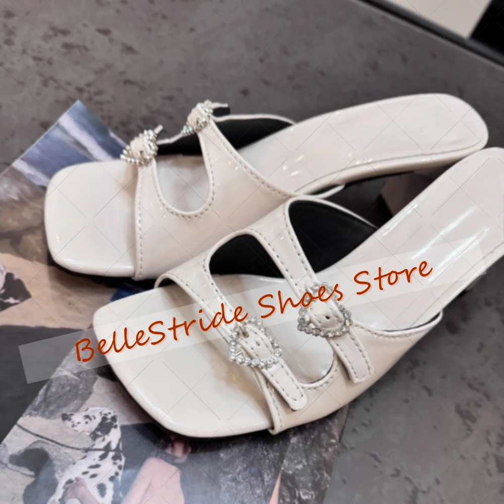 

White Crystal Love Square Toe Slippers Patent leather Women Shoes Thick Heel Party Banquet Dating 2025 Zapatos Para Mujere