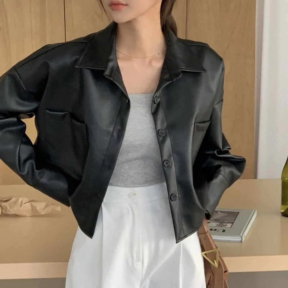 Fashionable Chic Short Retro Leather Jacket Single Button Casual Shirt Style Simple Design for Young Women Korean Style PU Le...