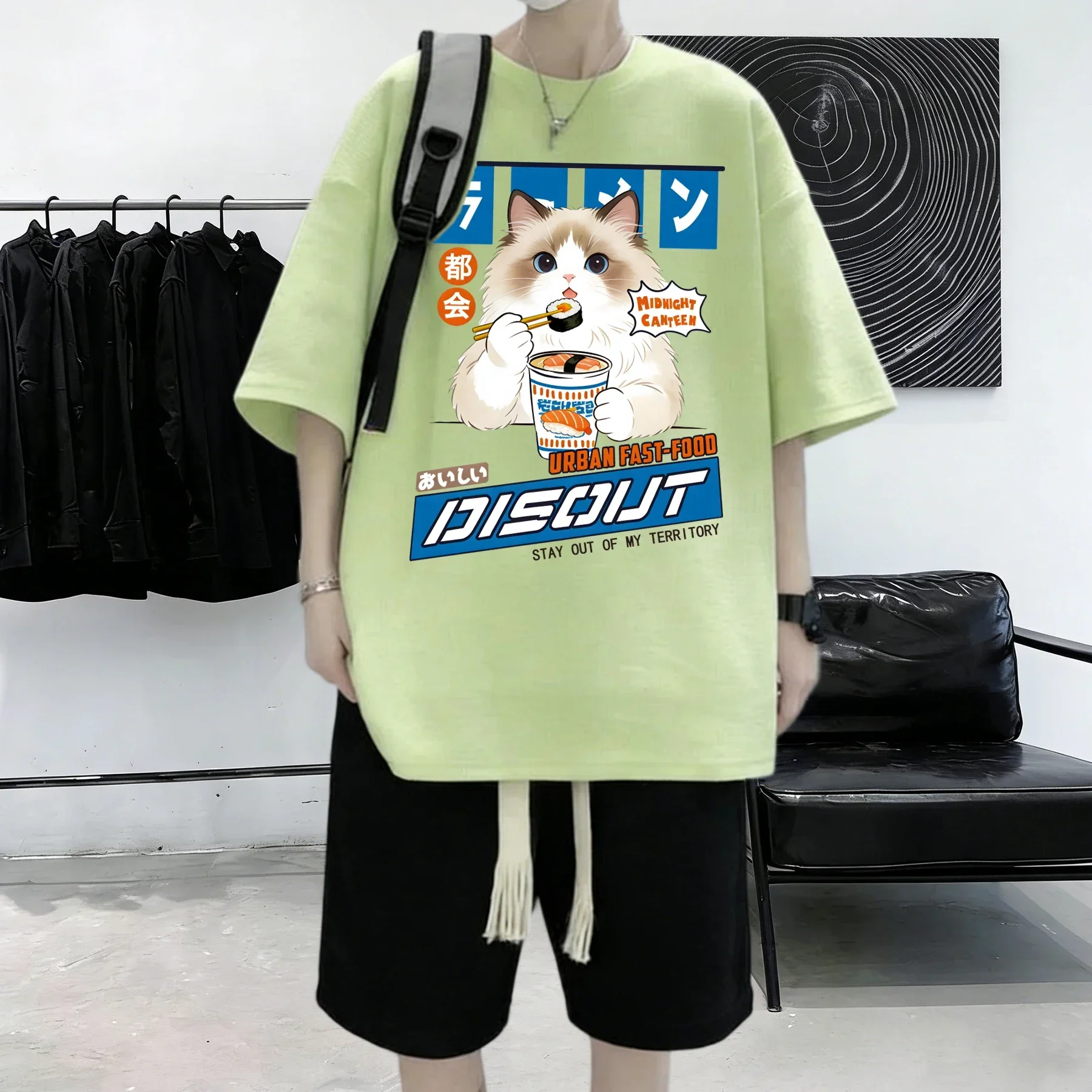 Puppet Cats Who Enjoy Eating Sushi Prints Cotton Summer Thin Clothing Male Youth Beach T Shirt Hip Hop Street Short Sleeve