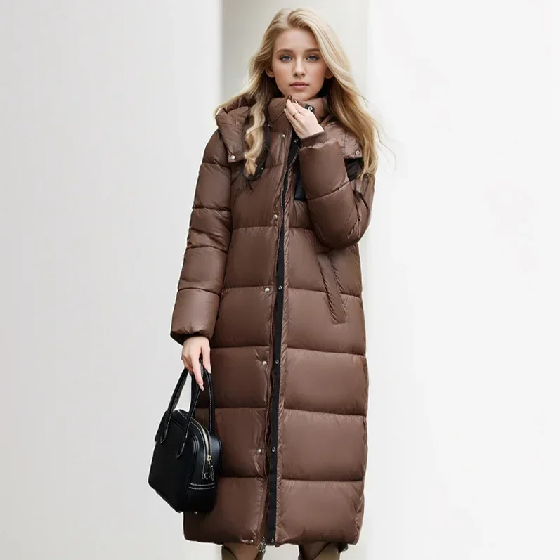 2024 Women\'s Long Puffer Jacket New For Winter Fashionable High-End Temperament Solid Color Hooded Loose Padded Warm Jacket Coat