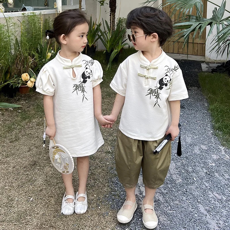 

Brother Sister Matching Cute Panda Clothes Kids Girl Shorts Sleeve Dress Child Boys Tops + Pants Two Piece Outfits Baby Clothing