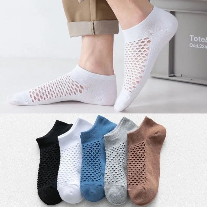 5 Pairs Spring Summer Solid Color Hole Socks Men Casual Soft Breathable Thin Mesh Low Tube Short Mesh Ankle Funny Male Sokken