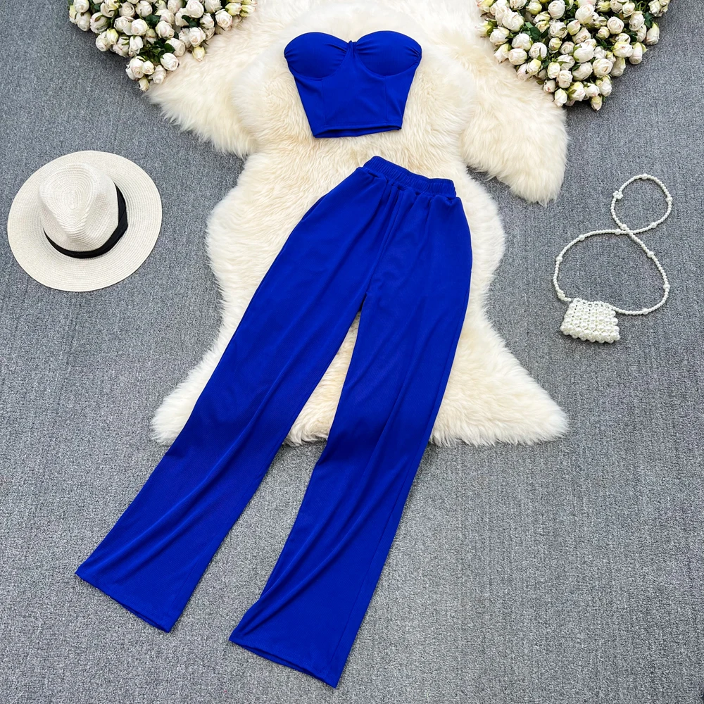 

Модный сексуальный комплект из двух предметов для женщин, облегающий топ с высокой талией, драпированные прямые брюки, повседневные брюки из полиэфирной ткани