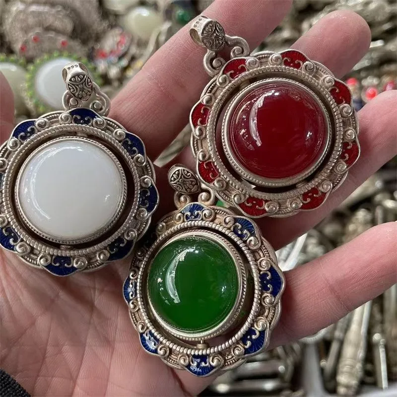 Vintage Silver Pendant Inlaid Green Transfer Bead Oval Emerald White Jade Hanging Jewelry