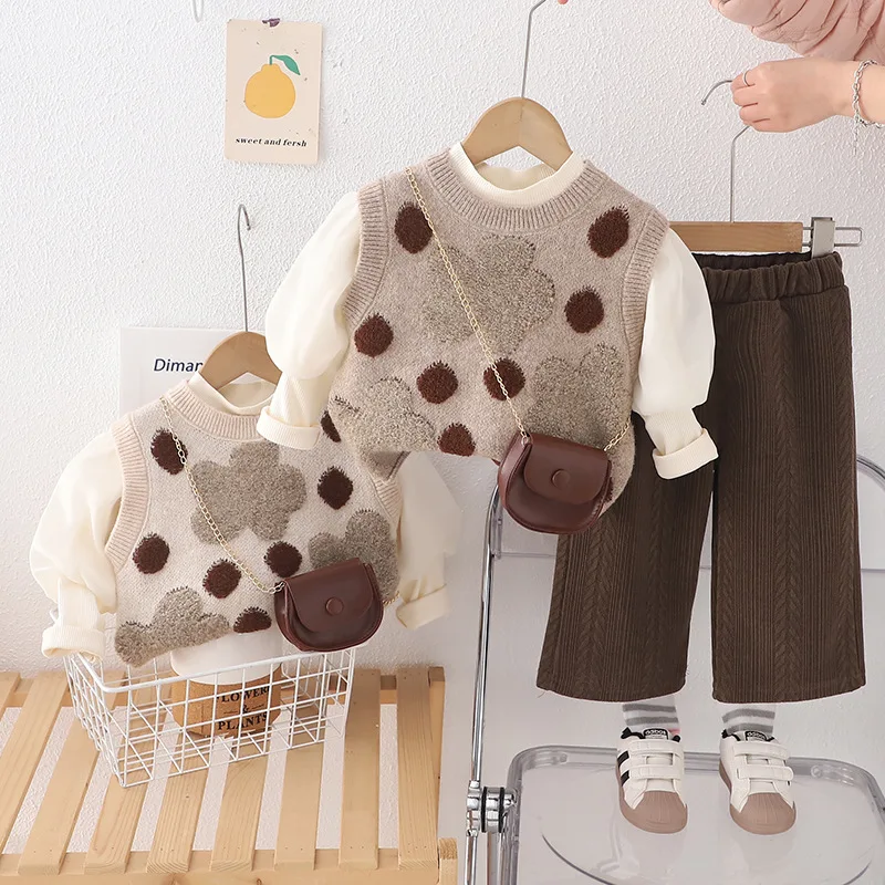

Girls Set Long Sleeve Tops Knit Vest Pants with Bag Toddler Baby Autumn Casual Outfit Korean Style Cute 3-Piece Sets for Kids
