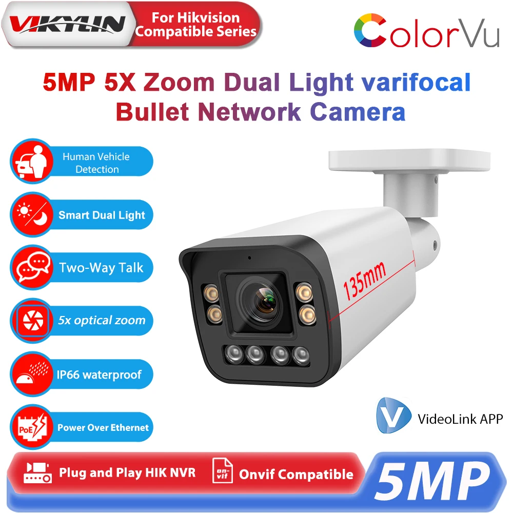 Vikylin Hikvision Compatible 5MP Dual Light Full Color Bullet IP Camera 5X Zoom MD2.0 2-Way Audio Outdoor Video Surveillance POE