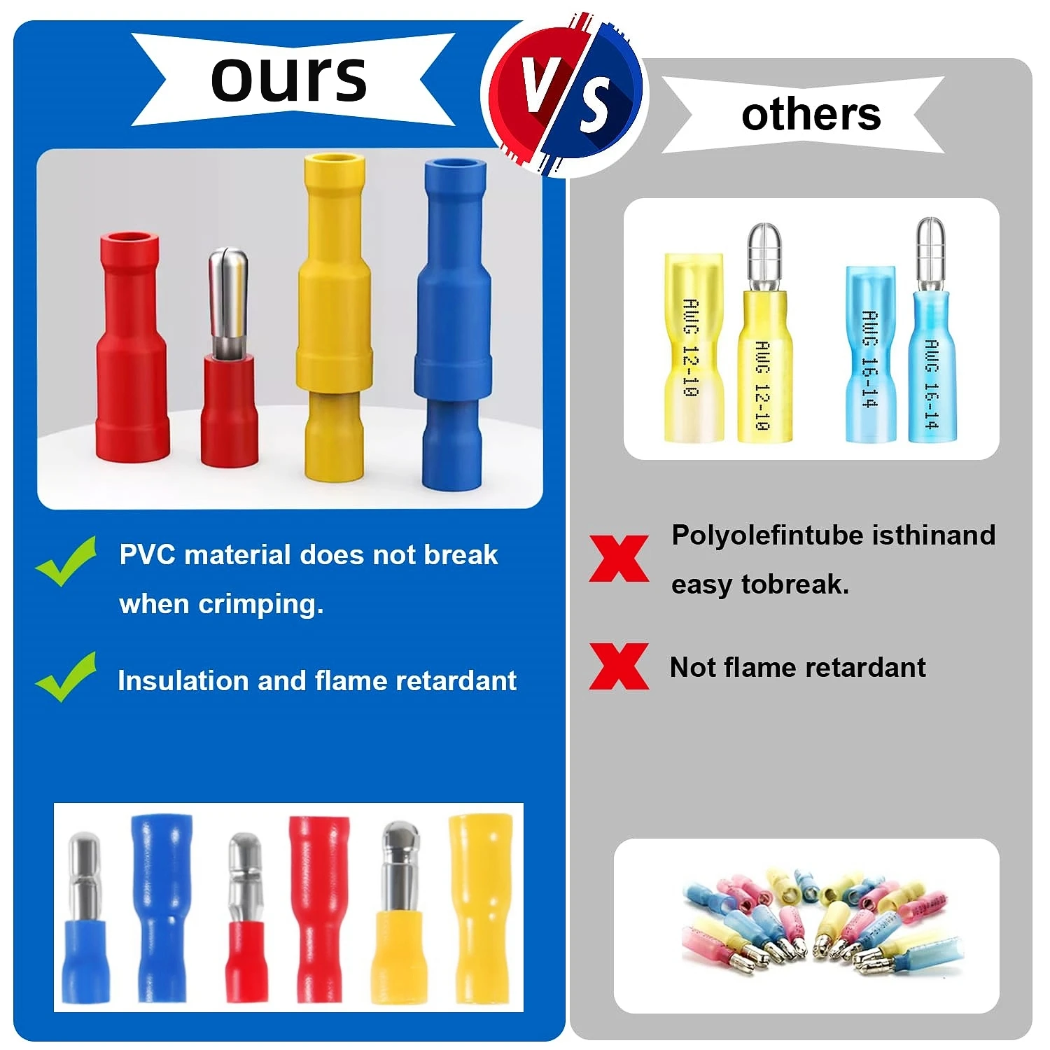 80/160Pcs Insulated Wire Connectors, Brass Tin-Plated Butt Terminals, 22-10AWG PVC Flame Retardant for Auto Home Electrical