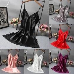 Women Sexy Nightdress Lace Satin Soft Silky Glossy Lingerie Summer Comfort Thin-Sleepwear Ladies Breathable Sling Sleepshirts