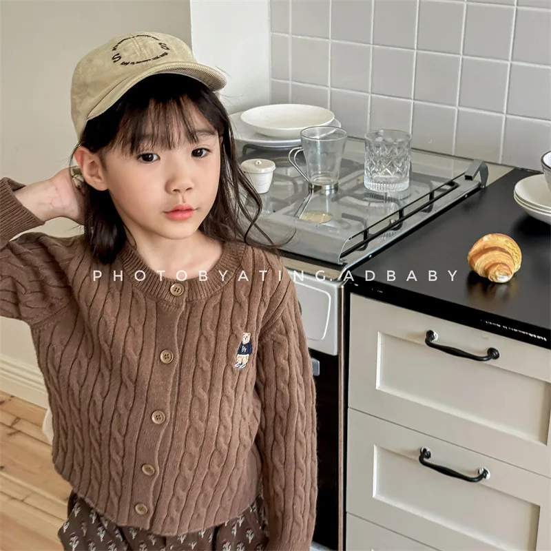 2024 Autumn New Children Sweater Cardigan Baby Girls Cartoon Bear Knitted Coat Toddler Boys Casual Knitwear Jacket Kids Clothes