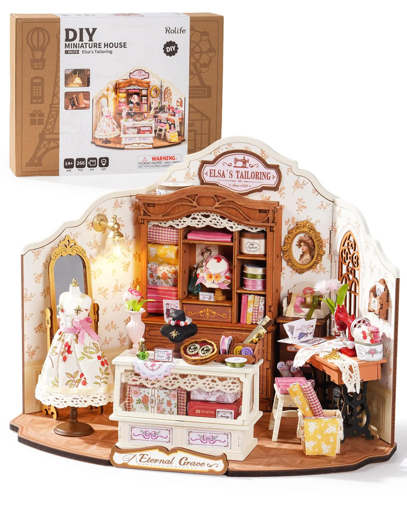 Robotime Elsa's Tailoring Shop DIY Miniature House Victorian Style Craft Studio Kit with Detailed Interior Decor for Adult Teen