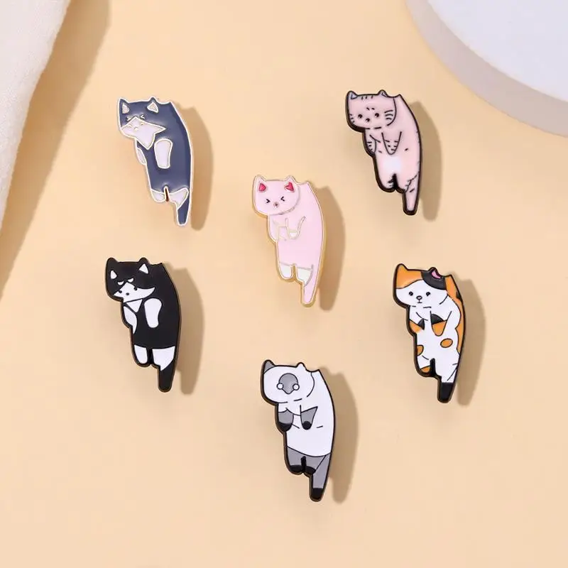 Hanging Cats Enamel Pins Custom Black White Orange Grey Kitten Brooches Lapel Badges Animal Jewelry Gift for Kids Friends