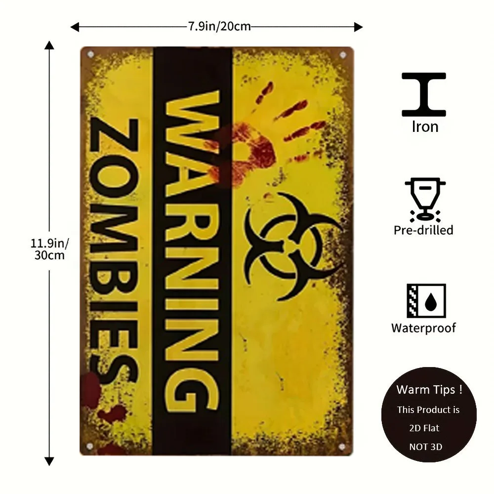 Zombie Warning Retro Tin Sign - Blood Splatter Horror Theme Metal Poster for Halloween, Durable Iron Wall Decor