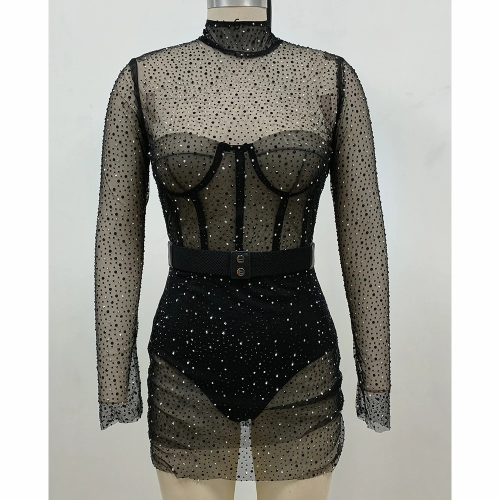 Robe découpée en diamant pour femmes, Sexy, Perspective, col rond, manches longues, courte, luxe, Haute Couture, petite robe