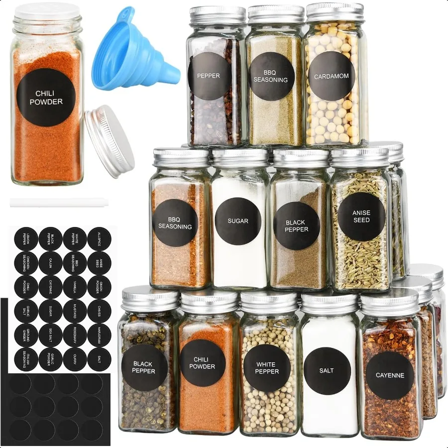 

DkOvn 24pcs Glass Spice Jars 4oz Empty Spice Jars with Metal Caps Labels Shaker Lids Collapsible Funnel Chalk Pen Seasoning Org