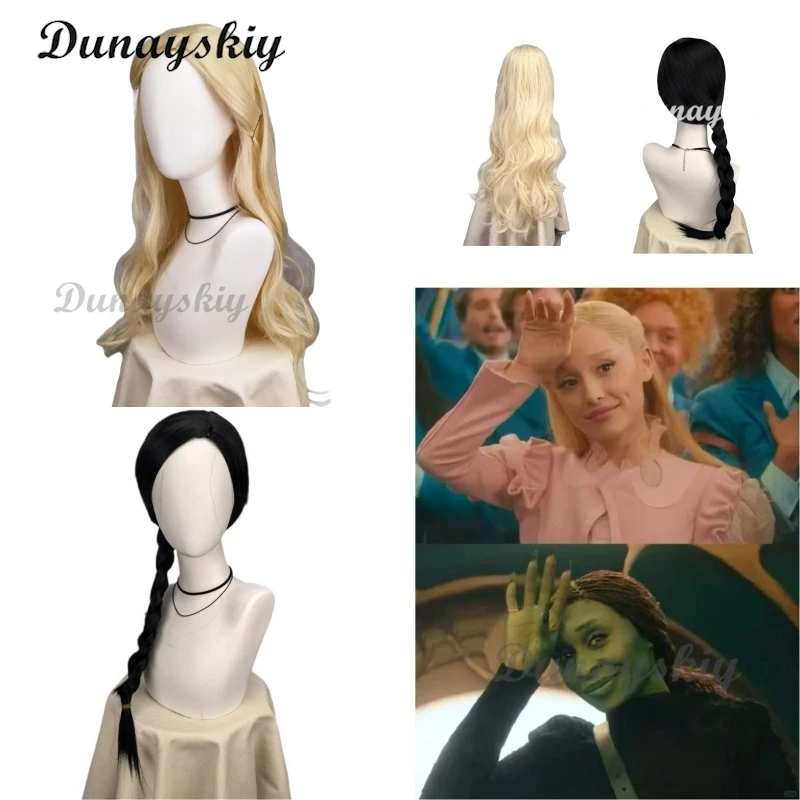 Glinda Elphaba Cosplay Wig Movie Wicked Synthetic Hair Wigs Black Braid Blonde Long Wavy for Glinda Party Wig Customized