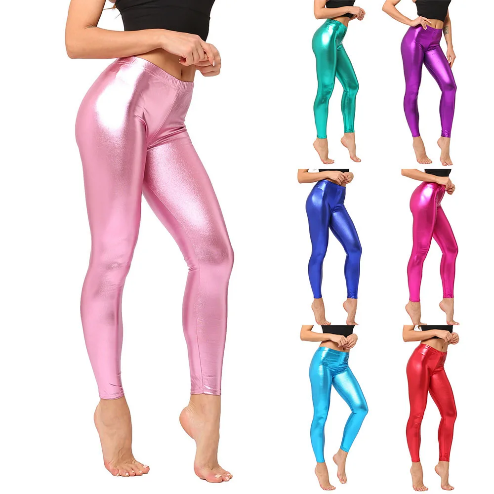 

1pcs Women Leggings Candy Color Slimming Leather Pants Do Not Fade Easily Ninth Pants Pencil Pant Shiny Trousers Fitness Fashion