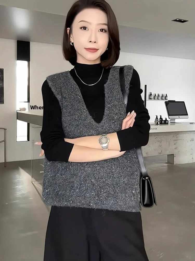

Comfortable Glitter Knitted Svel V-Ne Vest Soft Cozy oulder Pad Top Lazy Sle Top Pure Color Commute Sle
