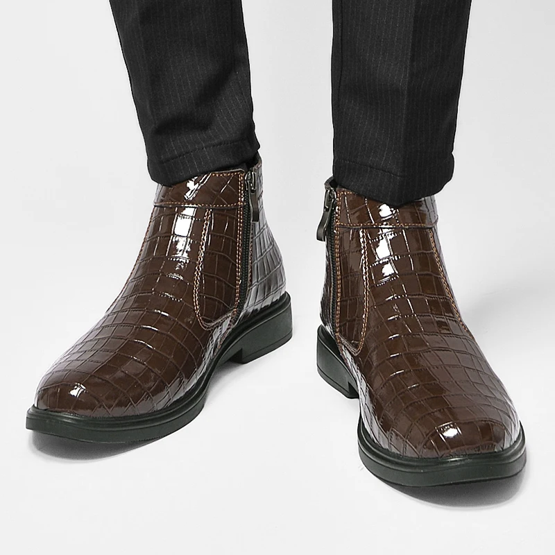 2025 Brand Autumn New Crocodile High Top Leather Shoes Luxury Brand Men's Comfortable Side Zipper Middle Top Casual Short Boots